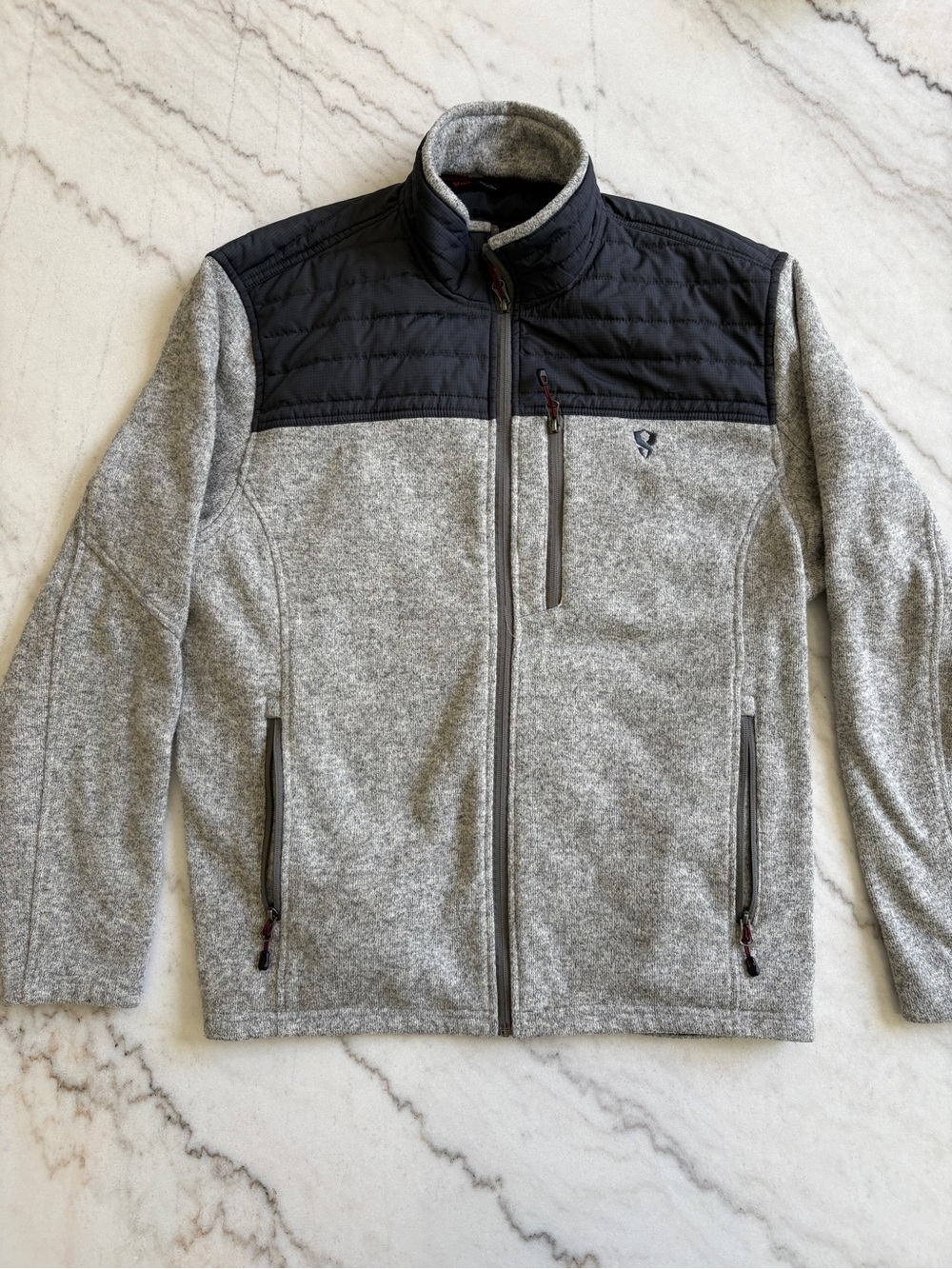 Men's Grey Full-Zip Sweater Jacket with Black Quilted Yoke